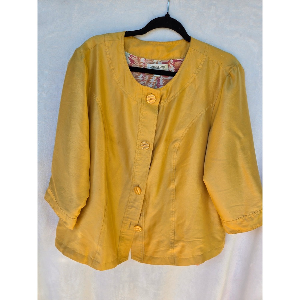 Coldwater Creek Womens W18 Mustard Silk Blend 3/4 Sleeve Button Front Round Neck